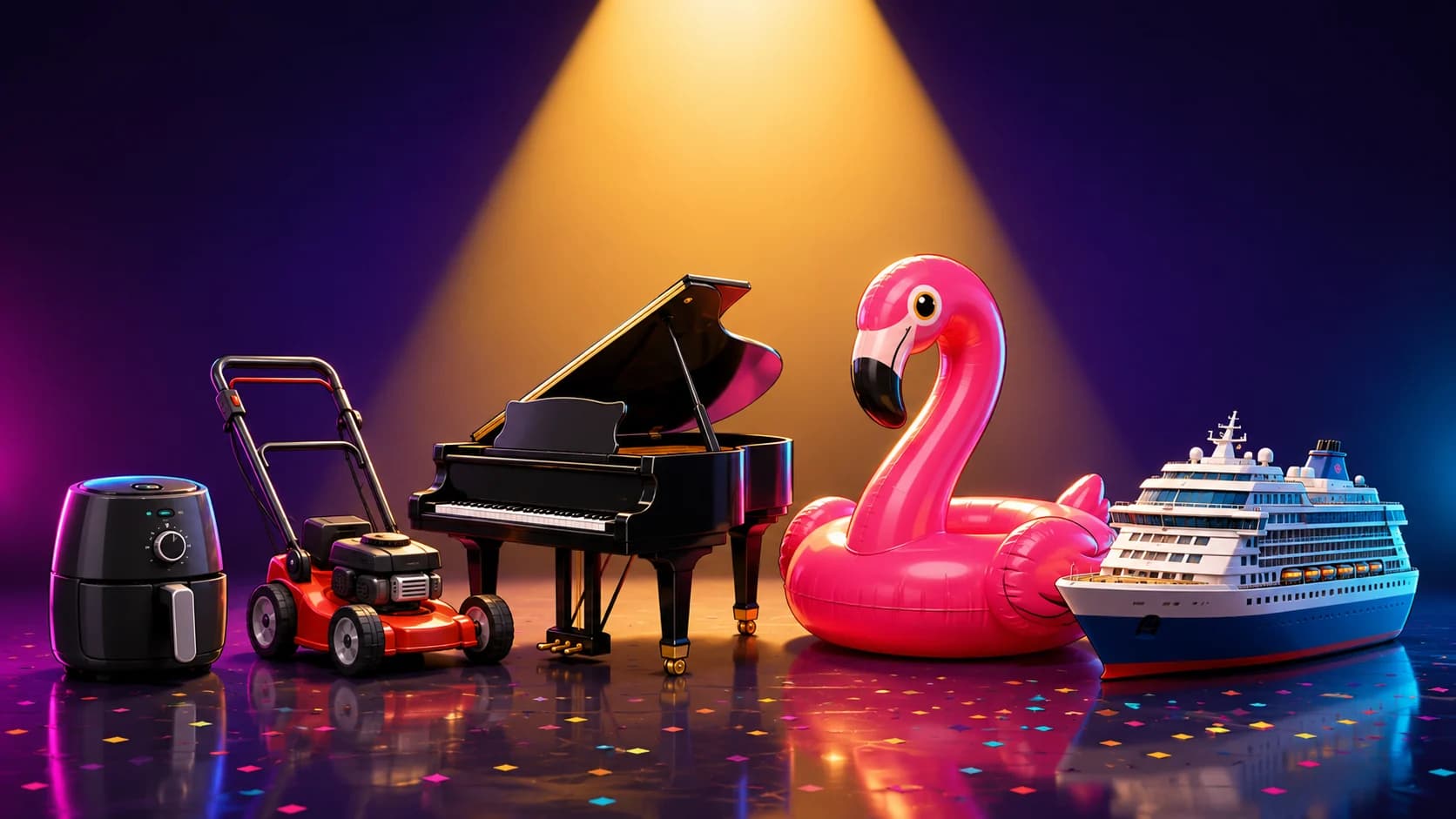 Cinco prêmios de tamanhos propositalmente desencontrados enfileirados sobre o piso brilhante de um palco, sob um facho de luz dourada: uma airfryer preta, um cortador de grama laranja, um piano de cauda preto, um flamingo inflável rosa gigante e um navio de cruzeiro em miniatura. Confete colorido espalhado pelo chão, fundo violeta.