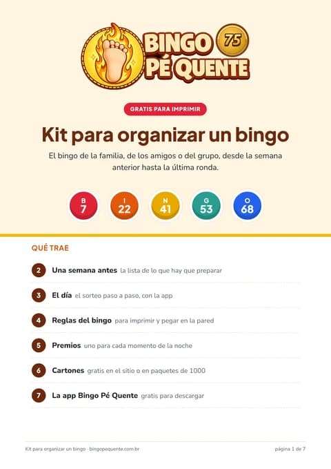 Portada del Kit para organizar un bingo, con el logo de Bingo Pé Quente, cinco bolas de bingo y el índice de las secciones