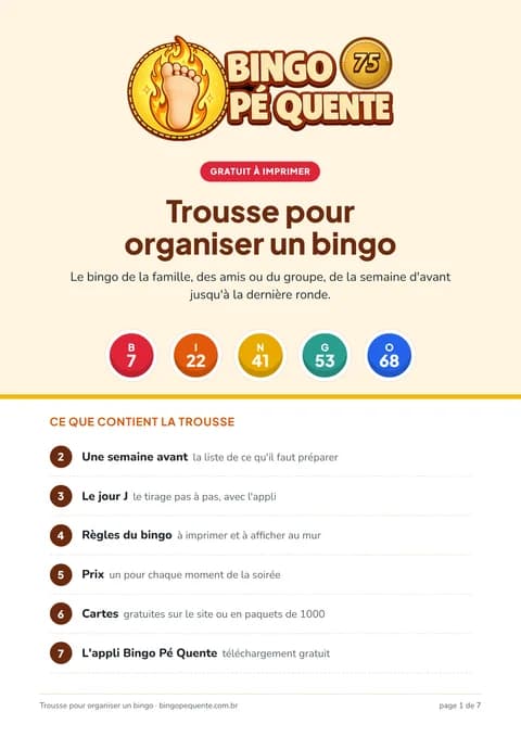 Couverture de la Trousse pour organiser un bingo, avec le logo de Bingo Pé Quente, cinq boules de bingo et la table des matières