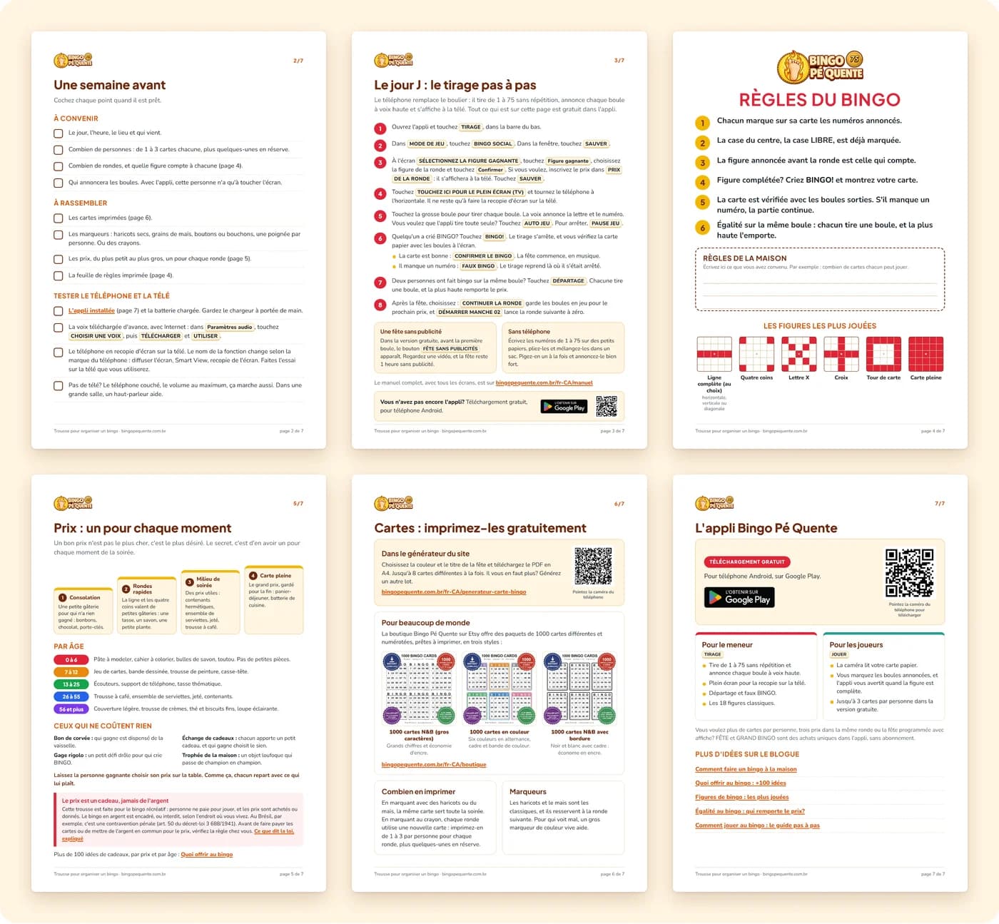 Les pages 2 à 7 de la trousse : la liste de la semaine d'avant avec cases à cocher, le tirage pas à pas dans l'appli, les règles du bingo pour le mur, les prix par moment et par âge, les cartes et l'appli