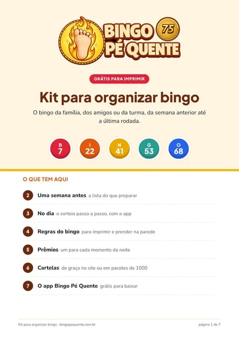 Capa do Kit para organizar bingo, com o logo do Bingo Pé Quente, cinco bolas de bingo e o índice das seções