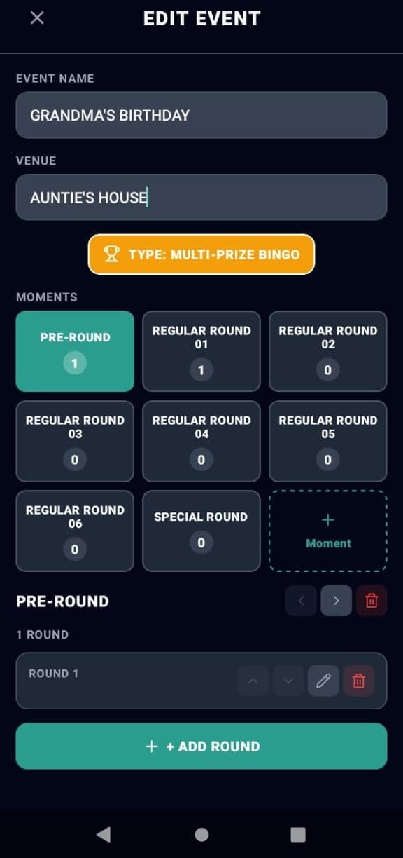 Event creation and editing screen