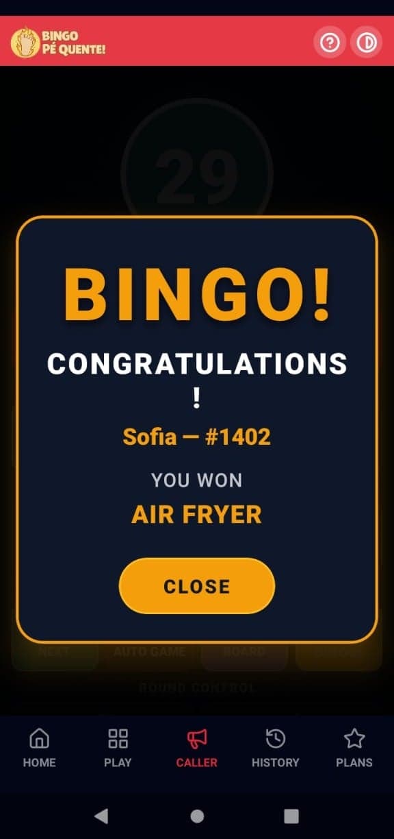 BINGO screen on the caller