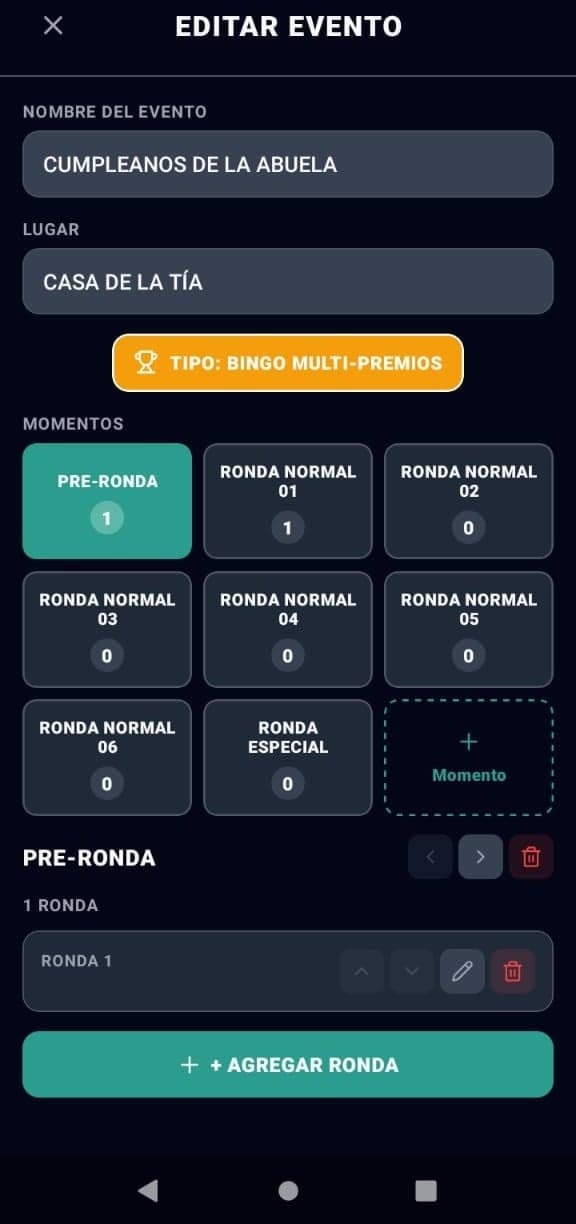 Pantalla de creación y edición de evento
