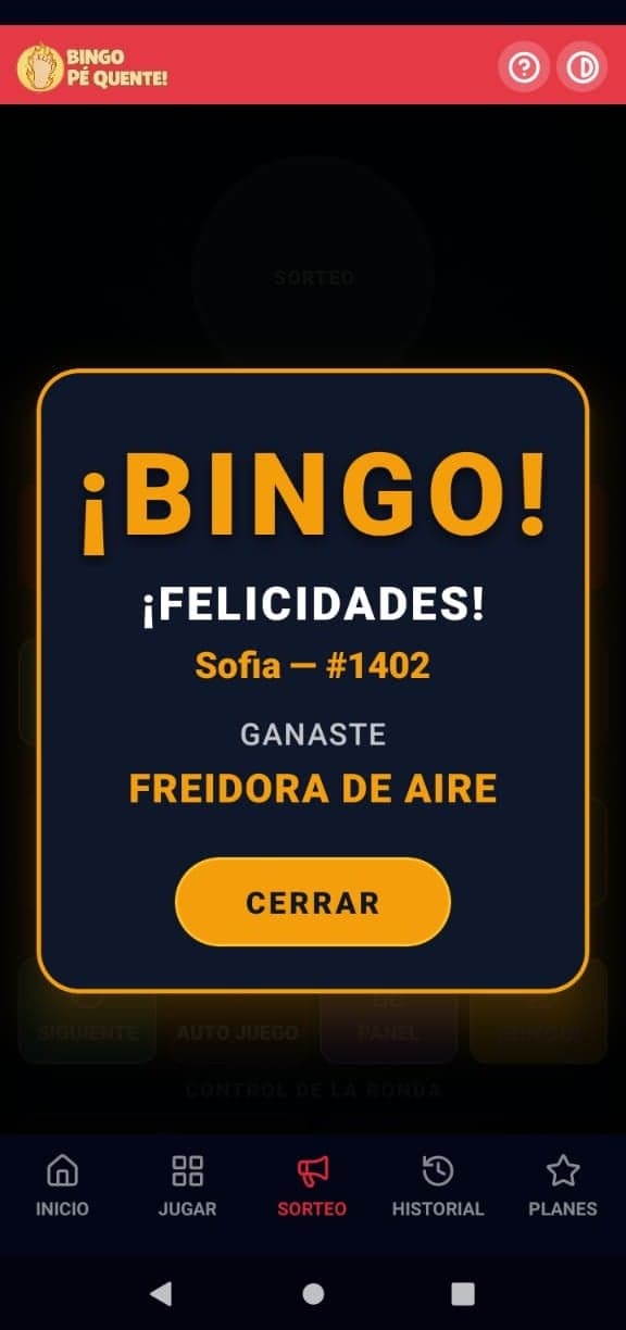 Pantalla de BINGO en el sorteador