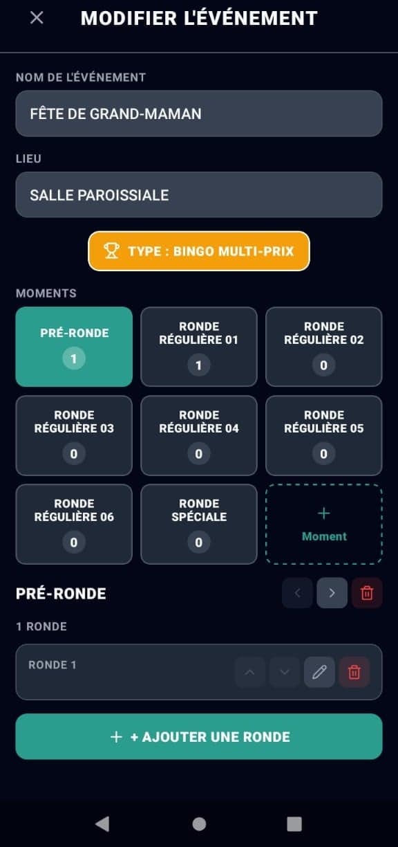 Écran de création et de modification d'événement