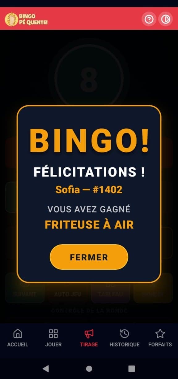 Écran de BINGO chez le meneur