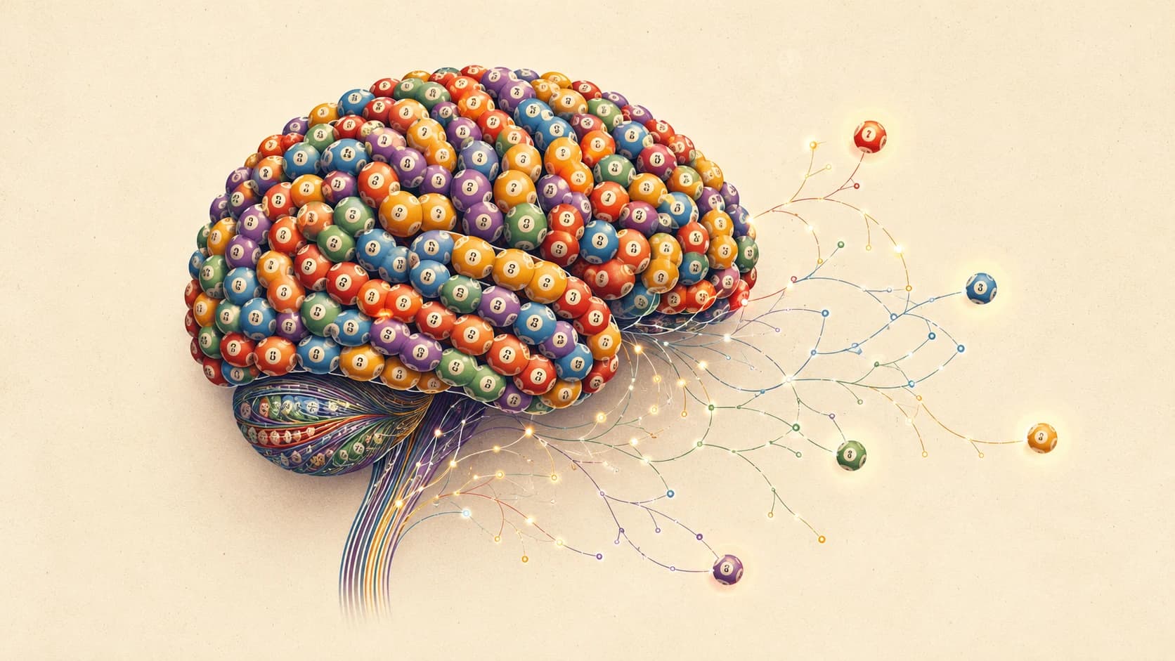 Ilustração editorial de um cérebro humano de perfil formado por bolas de bingo coloridas e numeradas, com finos caminhos neurais luminosos ramificando-se para fora como sinapses, alguns terminando em bolas de bingo que se acendem como neurônios; fundo bege de papel, sem texto