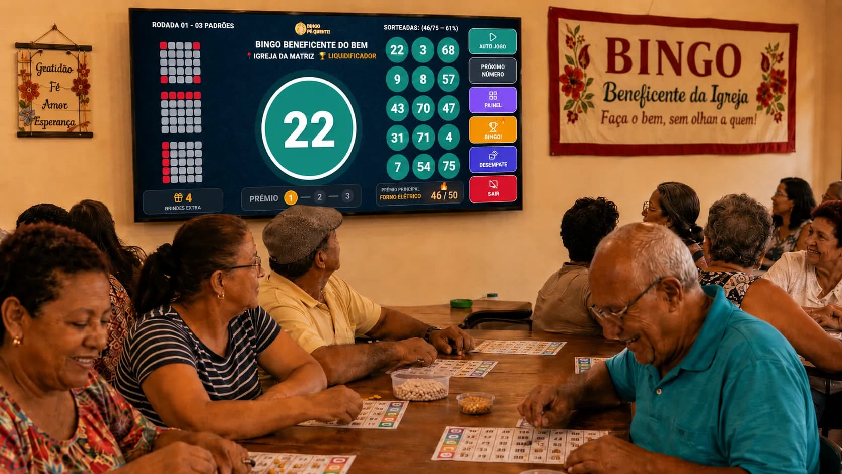 Bingo beneficente num salão de igreja com o app exibido numa TV grande mostrando a bola sorteada e o painel B-I-N-G-O, enquanto o público 50+ acompanha as cartelas