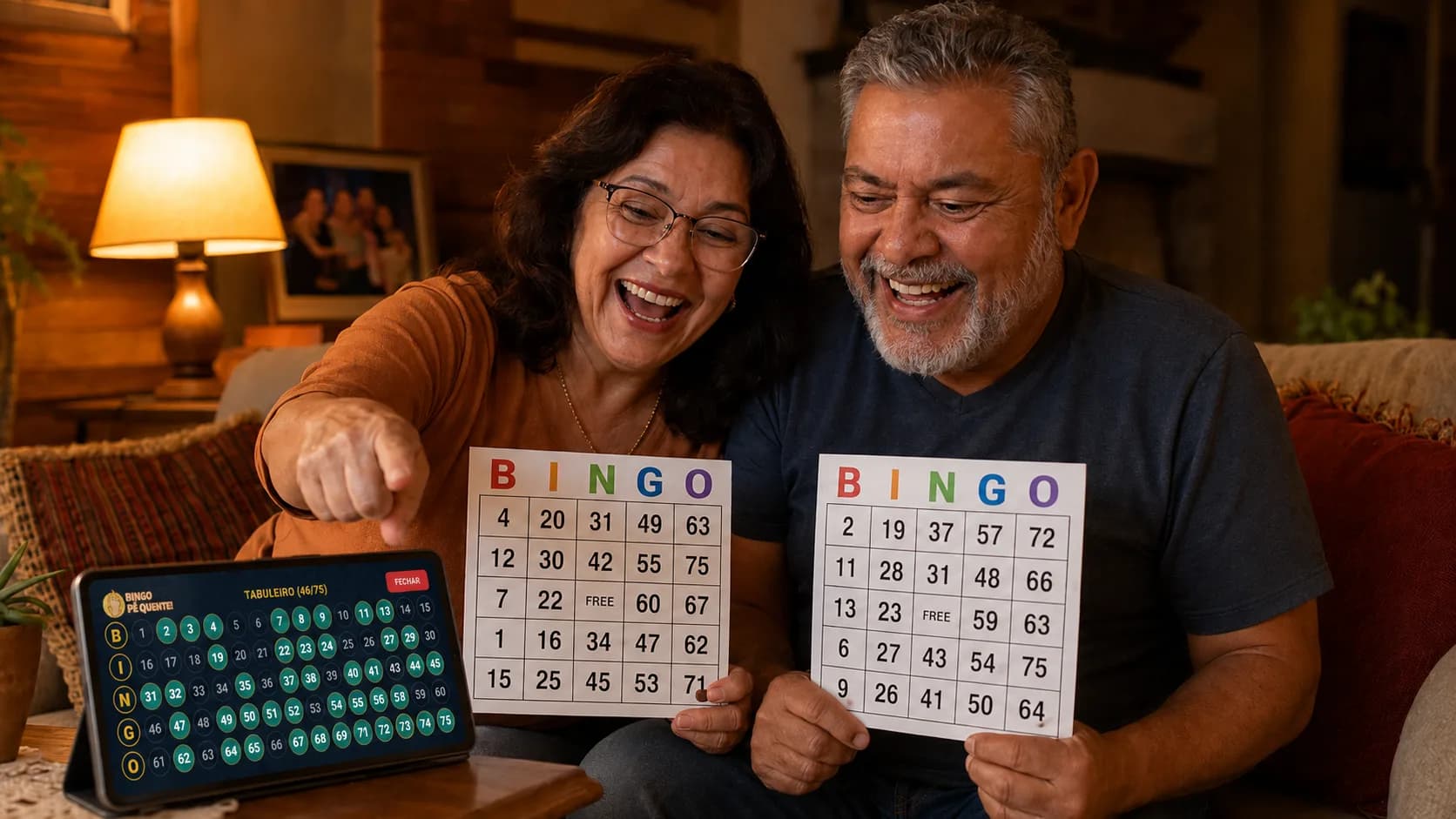 Un couple dans la soixantaine riant sur le canapé le soir, chacun tenant une carte de bingo, pendant qu'une tablette sur la table annonce les numéros avec l'appli