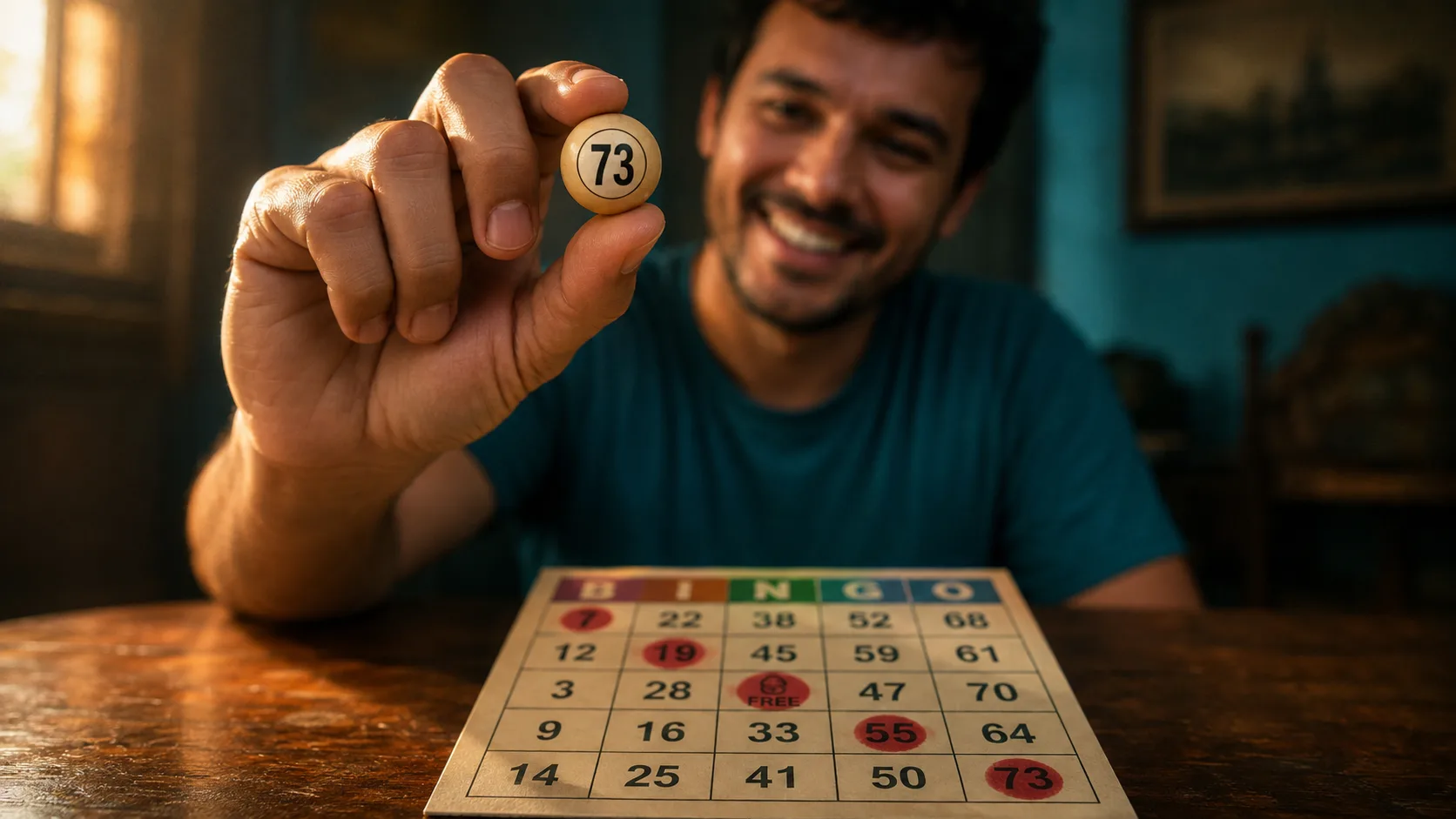 Homem de uns 30 anos, sorrindo, ergue a bola de bingo com o número 73 no desempate da 'pedra maior', ao lado de uma cartela de papel com a diagonal 7, 19, LIVRE, 55 e 73 marcada