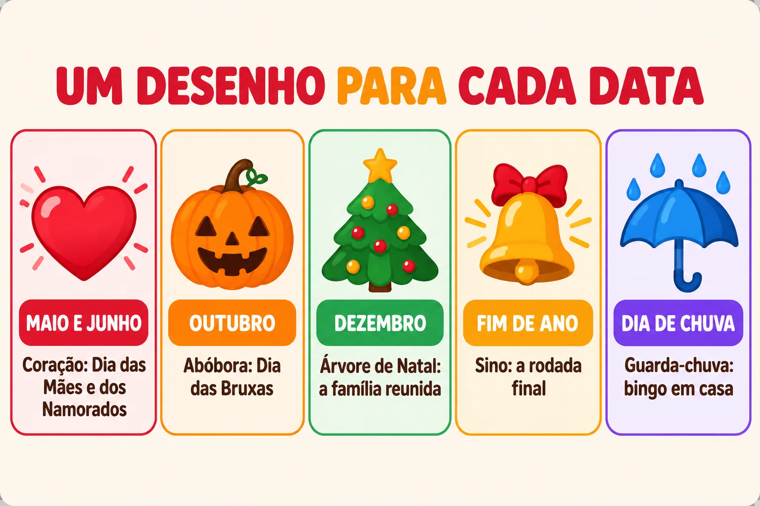 Infográfico 'Um desenho para cada data' em cinco cartões: coração em maio e junho (Dia das Mães e dos Namorados), abóbora em outubro (Dia das Bruxas), árvore de Natal em dezembro (a família reunida), sino no fim de ano (a rodada final) e guarda-chuva no dia de chuva (bingo em casa)