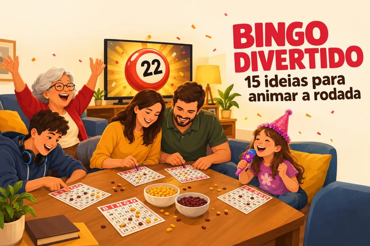Capa do artigo 'Bingo divertido: 15 ideias para animar a rodada': família de várias gerações jogando bingo na sala de casa — a avó de braços para cima comemorando, um adolescente apontando a cartela, um casal marcando junto e uma menina de chapéu de festa cantando num microfone de brinquedo — com cartelas e tigelas de milho e feijão na mesa e a bola 22 gigante na TV ao fundo