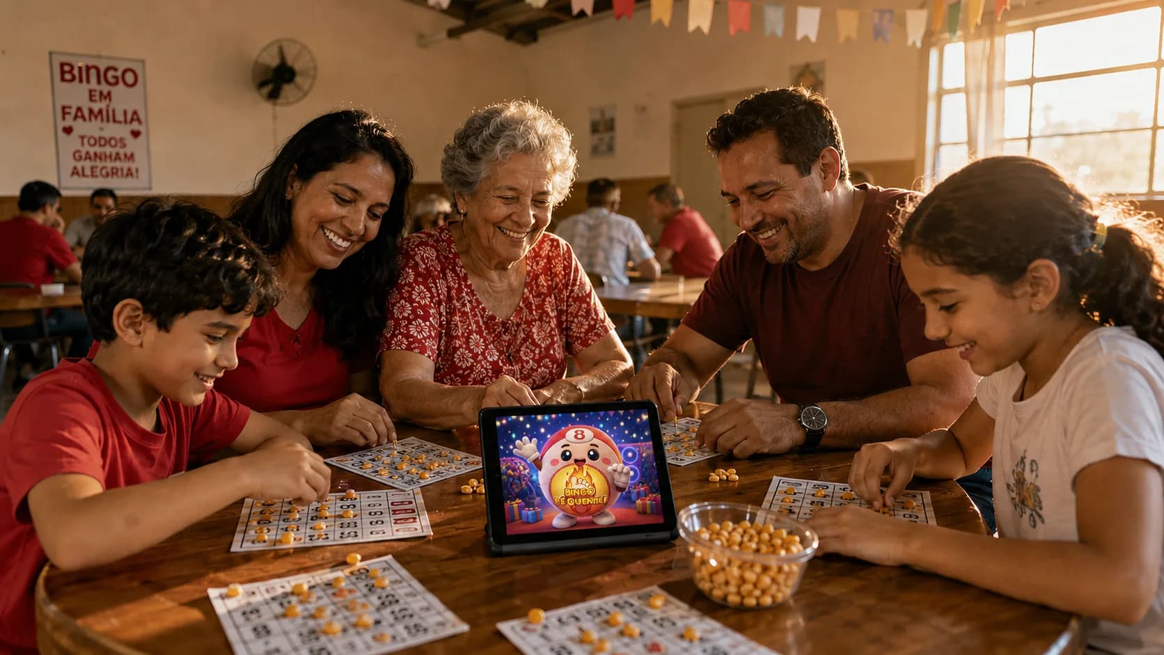 Família brasileira de três gerações — avó, pais e dois netos — jogando bingo de papel juntos à mesa, marcando as cartelas com milho, sob uma faixa "Bingo em família"