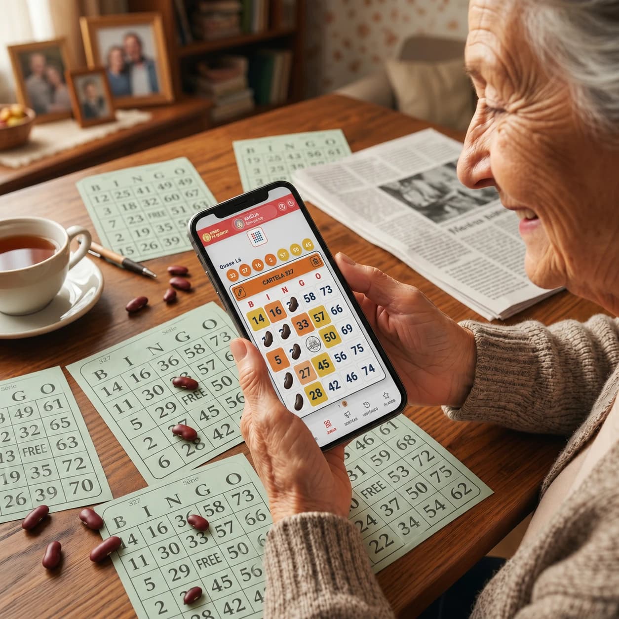 Senhora sorrindo segurando o celular com o app Bingo Pé Quente, ao lado de uma cartela de papel marcada com grãos de feijão, café e jornal sobre a mesa