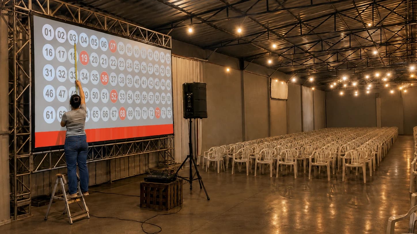 Ensayo técnico en un salón de eventos vacío antes de una noche de bingo: una persona sobre una escalera baja mide con cinta métrica la altura de un número en el tablero de 1 a 75 proyectado en la pantalla grande, junto a un altavoz en trípode y una mesa de sonido, con las filas de sillas todavía vacías