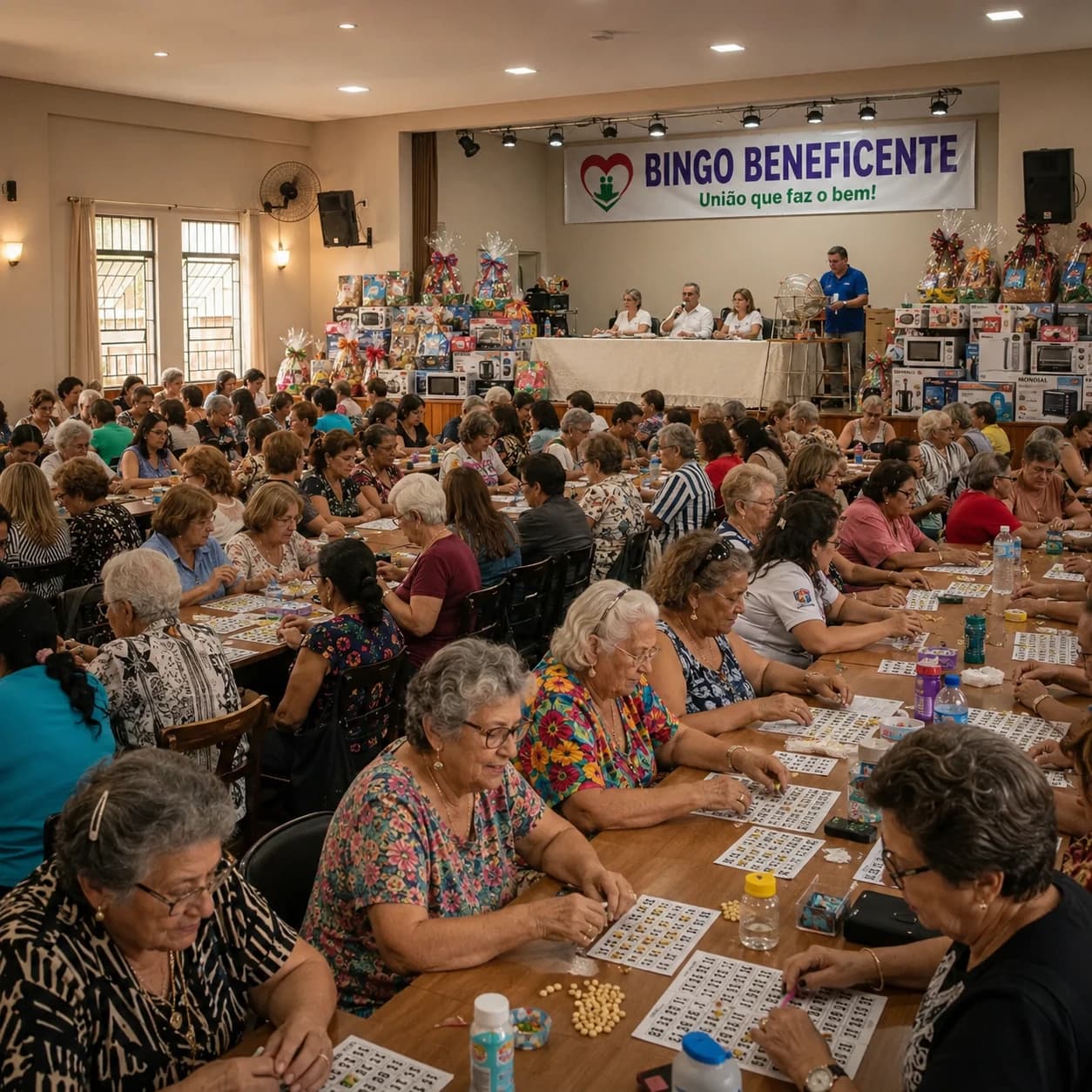 Salão lotado de um bingo beneficente, com muitas pessoas do público 50+ jogando suas cartelas em volta das mesas