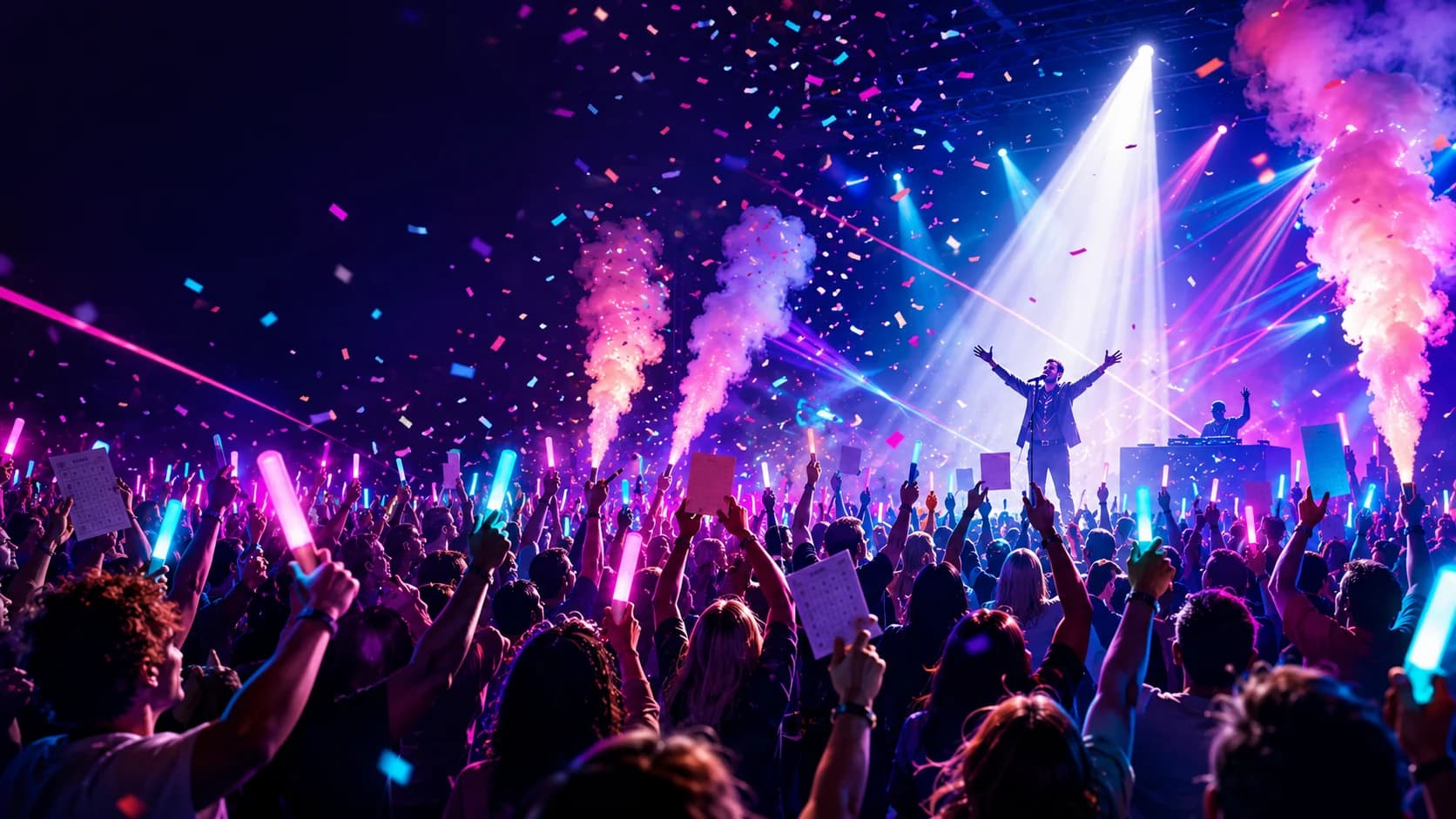 Casa de show lotada durante uma noite de Bingo Loco: a plateia de braços erguidos segura varinhas luminosas azuis e rosas, várias pessoas levantam seus bilhetes de papel, confete cai do teto, jatos de fumaça sobem das laterais e o apresentador está no palco ao microfone, de braços abertos, sob um facho de luz branca, com o DJ atrás.
