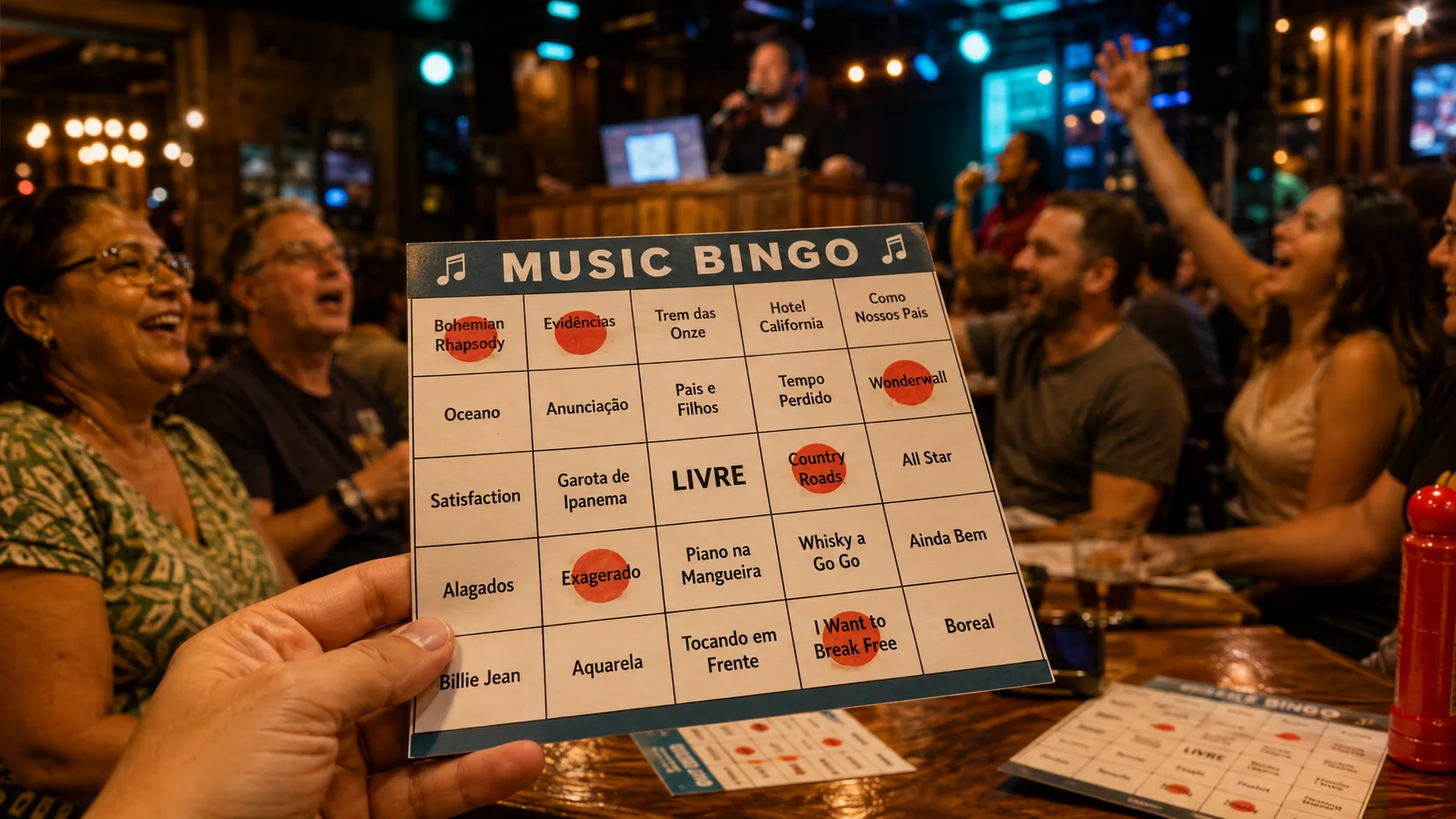 Mão segura uma cartela de 'Music Bingo' num bar animado: as casas trazem nomes de músicas (Bohemian Rhapsody, Evidências, Garota de Ipanema, Country Roads) em vez de números, algumas marcadas de vermelho, com o centro LIVRE; ao fundo, gente cantando e um apresentador ao microfone