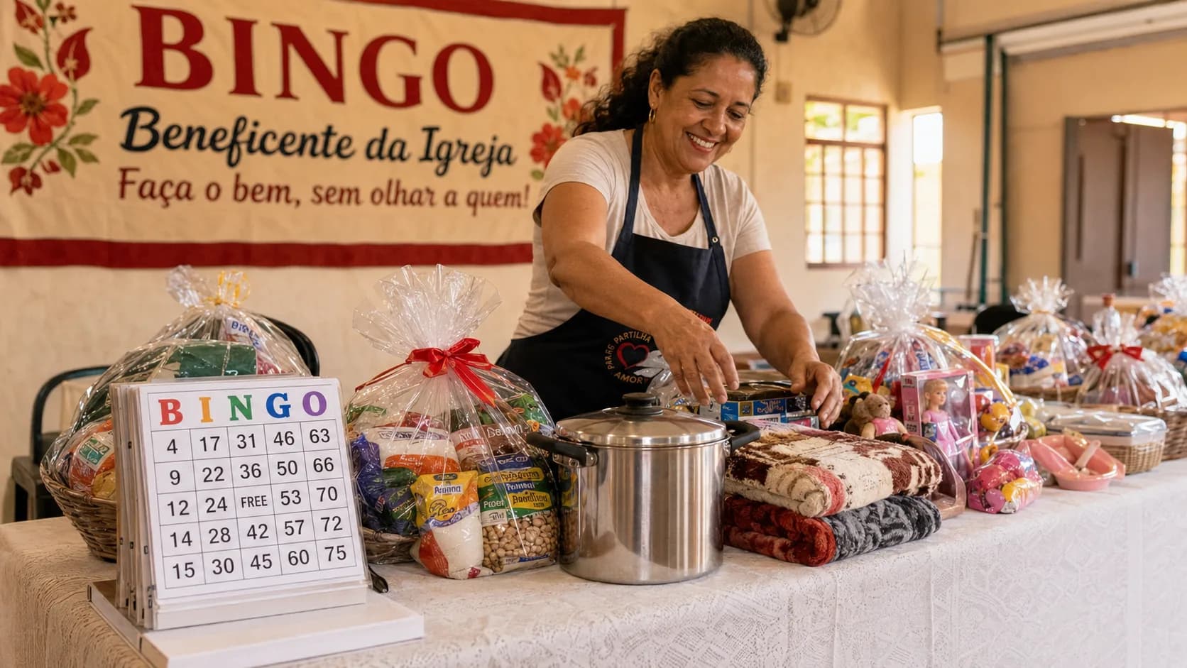 Voluntária sorridente organizando a mesa de prêmios doados de um bingo beneficente de igreja — cestas básicas, cobertores e brindes embrulhados, ao lado de uma cartela de bingo