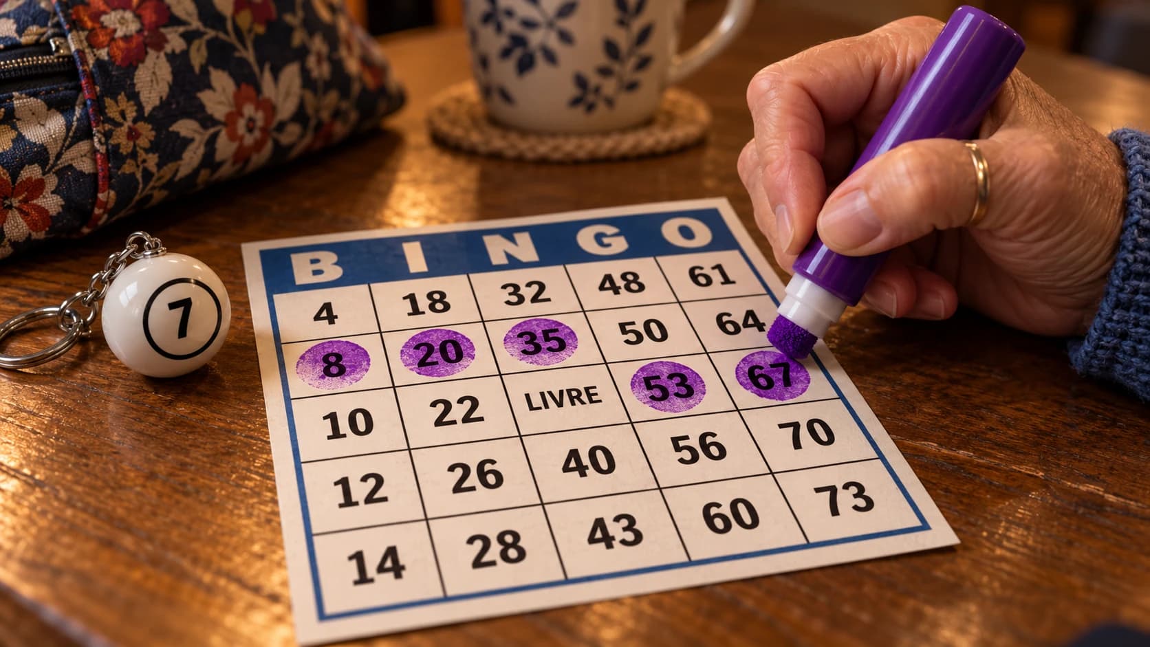 Close da mão de uma mulher marcando com uma caneta marcadora roxa a casa 67 de uma cartela de bingo que já tem os números 8, 20, 35 e 53 marcados; ao lado, um chaveiro em formato de bolinha de bingo com o número 7, uma bolsa de pano estampada e uma caneca