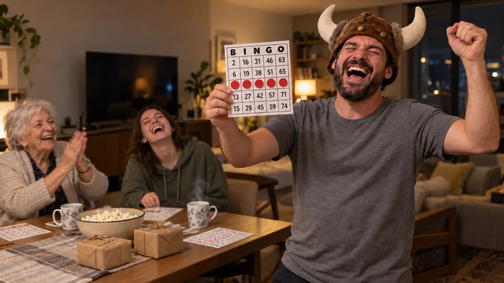 Homem de uns 35 anos de pé na sala de casa, com chapéu de viking de pelúcia, rindo de braço erguido e mostrando a cartela de bingo com a linha do meio coberta por fichas vermelhas; ao fundo, uma senhora bate palmas e uma jovem ri à mesa, com pipoca, canecas e dois pacotes de papel kraft