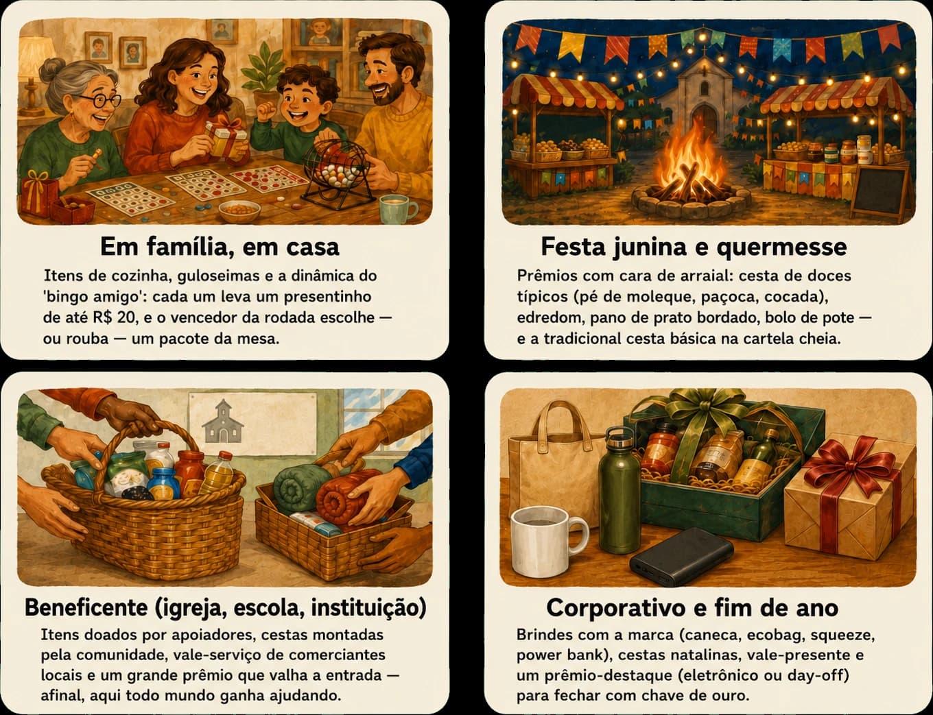 Infográfico de brindes por ocasião em quatro cenas ilustradas. Em família, em casa: itens de cozinha, guloseimas e a dinâmica do 'bingo amigo', em que cada um leva um presentinho de até R$ 20 e o vencedor escolhe ou rouba um pacote da mesa. Festa junina e quermesse: doces típicos (pé de moleque, paçoca, cocada), edredom, pano de prato bordado, bolo de pote e a tradicional cesta básica na cartela cheia. Beneficente (igreja, escola, instituição): itens doados por apoiadores, cestas da comunidade, vale-serviço de comerciantes locais e um grande prêmio que valha a entrada. Corporativo e fim de ano: brindes com a marca (caneca, ecobag, squeeze, power bank), cestas natalinas, vale-presente e um prêmio-destaque.