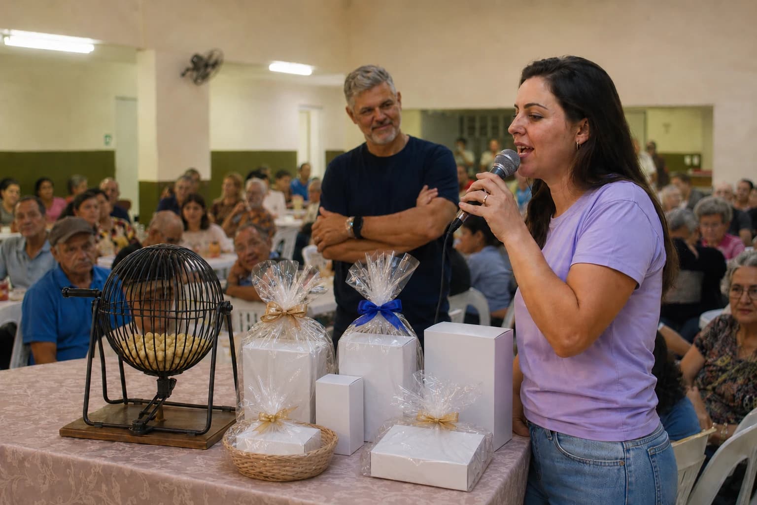 Cantadora de bingo ao microfone num salão comunitário cheio, com o globo de sorteio e os prêmios embrulhados sobre a mesa à frente dela, e um organizador acompanhando a rodada ao lado