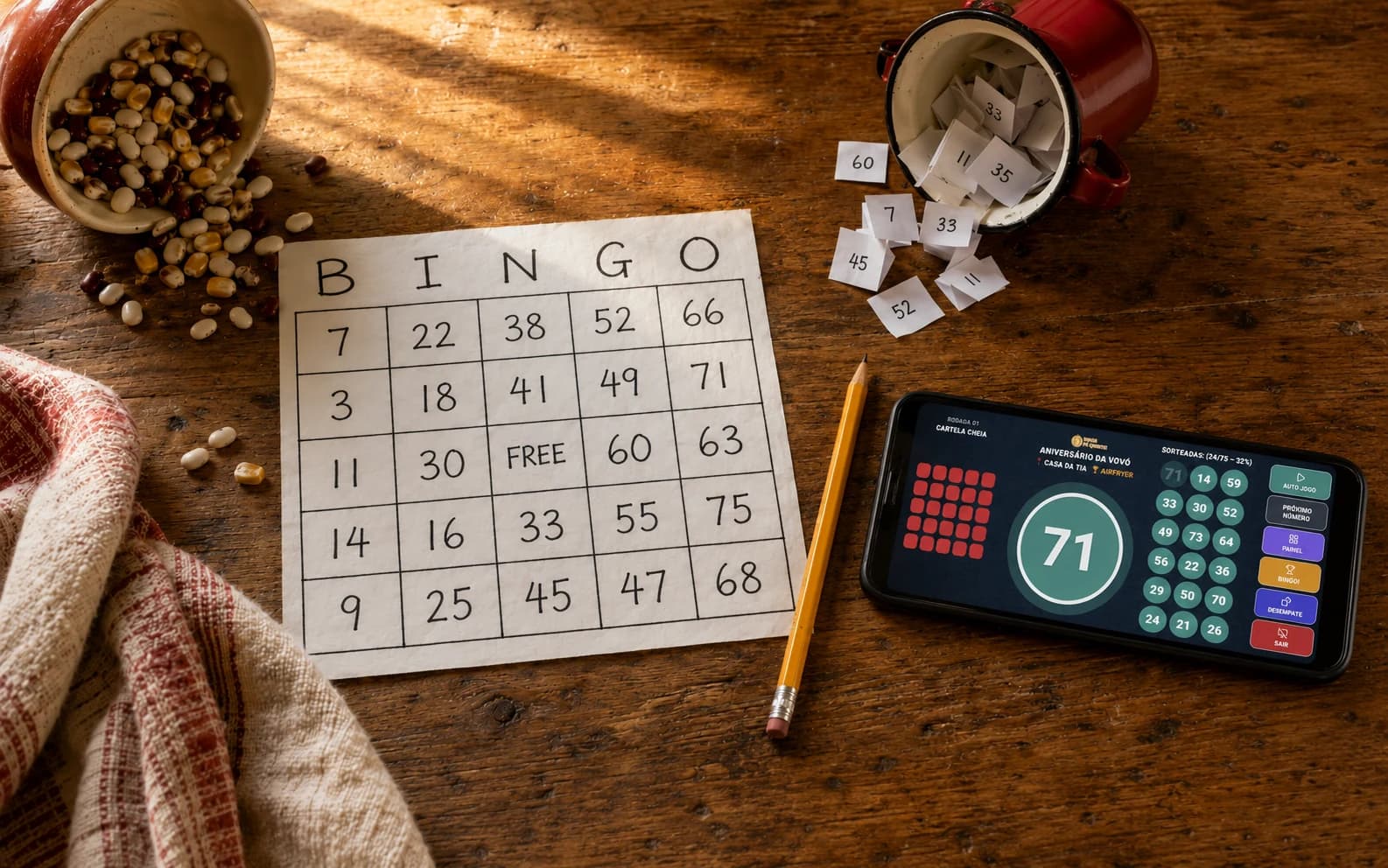 Vista desde arriba de una mesa de madera armando un bingo casero: un cartón de papel dibujado a mano (B-I-N-G-O, con el FREE en el centro), un tazón de frijoles esparcidos, una taza volcada con papelitos numerados para el sorteo, un lápiz y un celular con la app Bingo Pé Quente sorteando los números