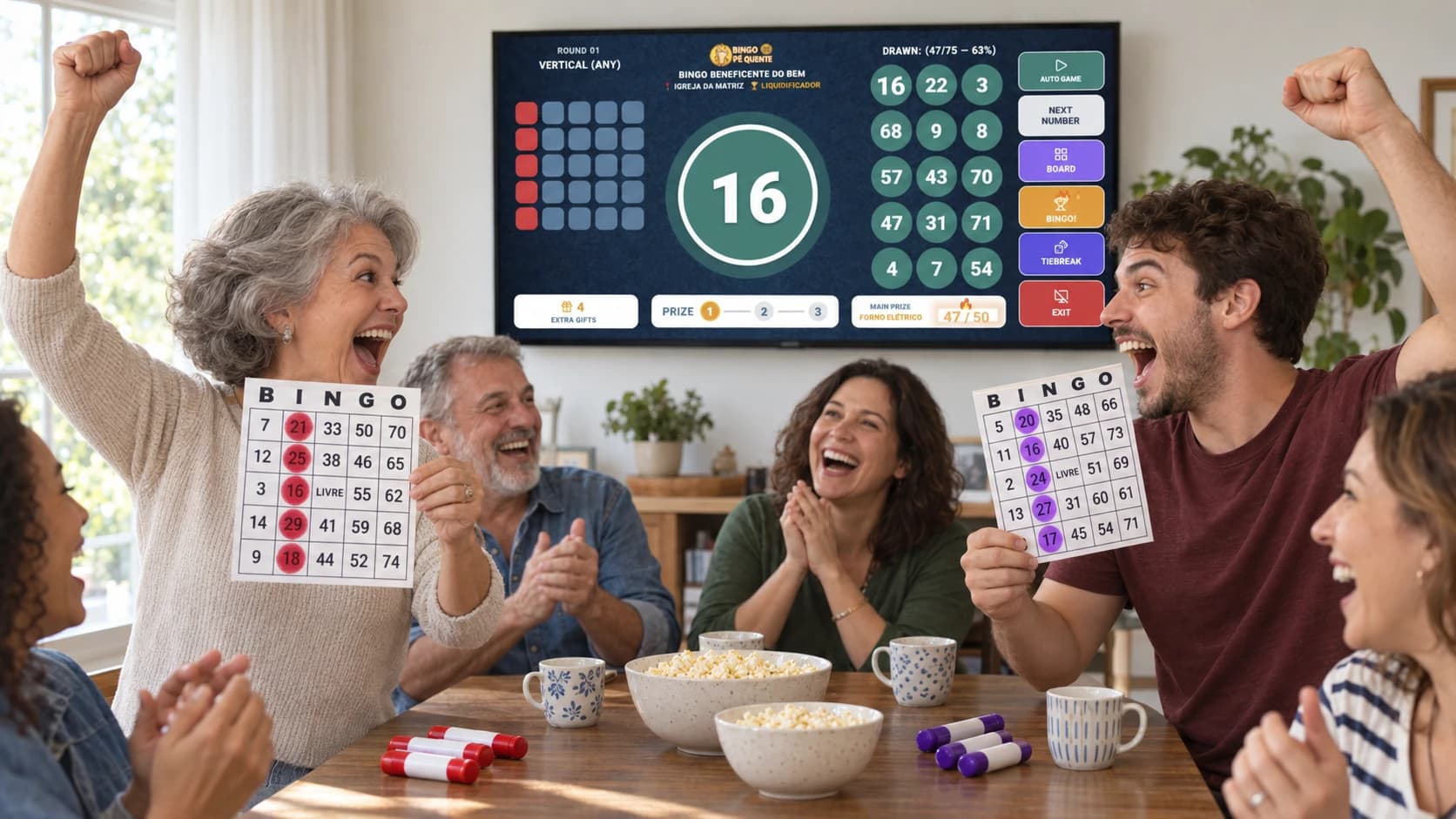 En una sala de estar por la tarde, una mujer de unos 60 años y un joven de unos 25 gritan BINGO al mismo tiempo, cada uno levantando su cartón: el de ella marcado con marcador rojo, el de él con marcador morado, los dos con la columna I cerrada en el número 16. En la tele del fondo, la pantalla del sorteador de la app muestra la bola 16