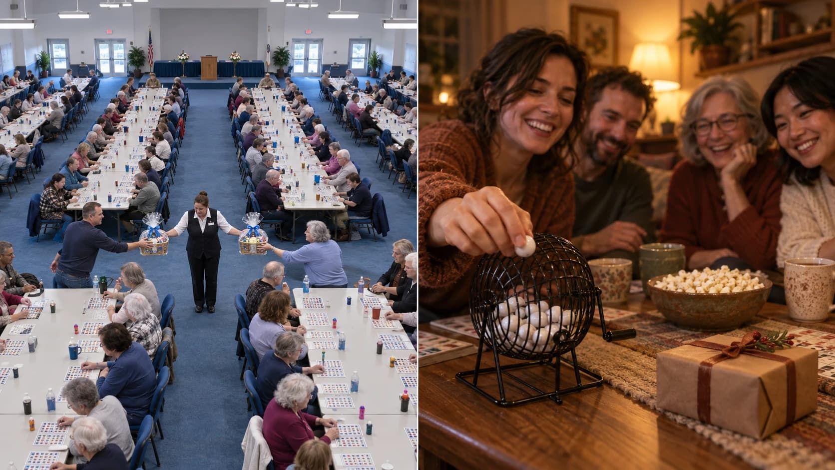 Imagen dividida por la mitad: a la izquierda, un salón de bingo benéfico en Estados Unidos, con decenas de personas en mesas largas y una organizadora entregando dos canastas de regalo idénticas a dos ganadores; a la derecha, cuatro amigos en una sala de estar por la noche, alrededor de un bombo de bingo, con un único regalo envuelto sobre la mesa
