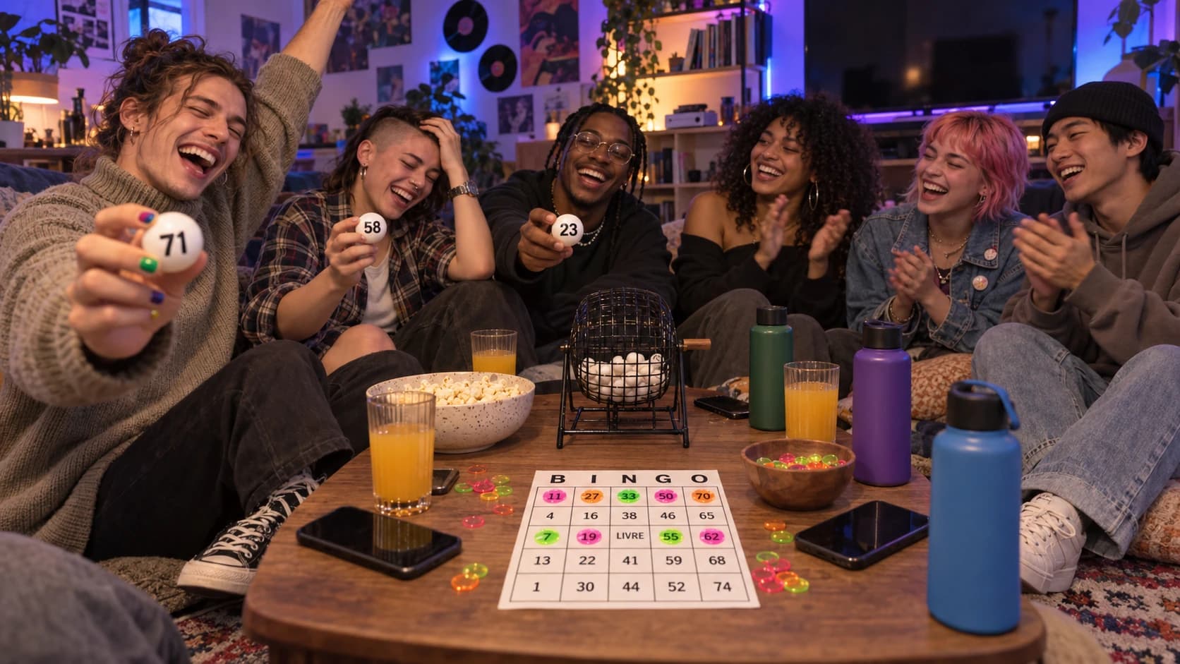 Seis amigos jóvenes sentados en el suelo alrededor de una mesa baja con un bombo de bingo; tres de ellos muestran las bolas 71, 58 y 23 a la cámara, y el del 71 celebra con el brazo en alto. En la mesa, un cartón de bingo con la línea del medio marcada con fichas de neón