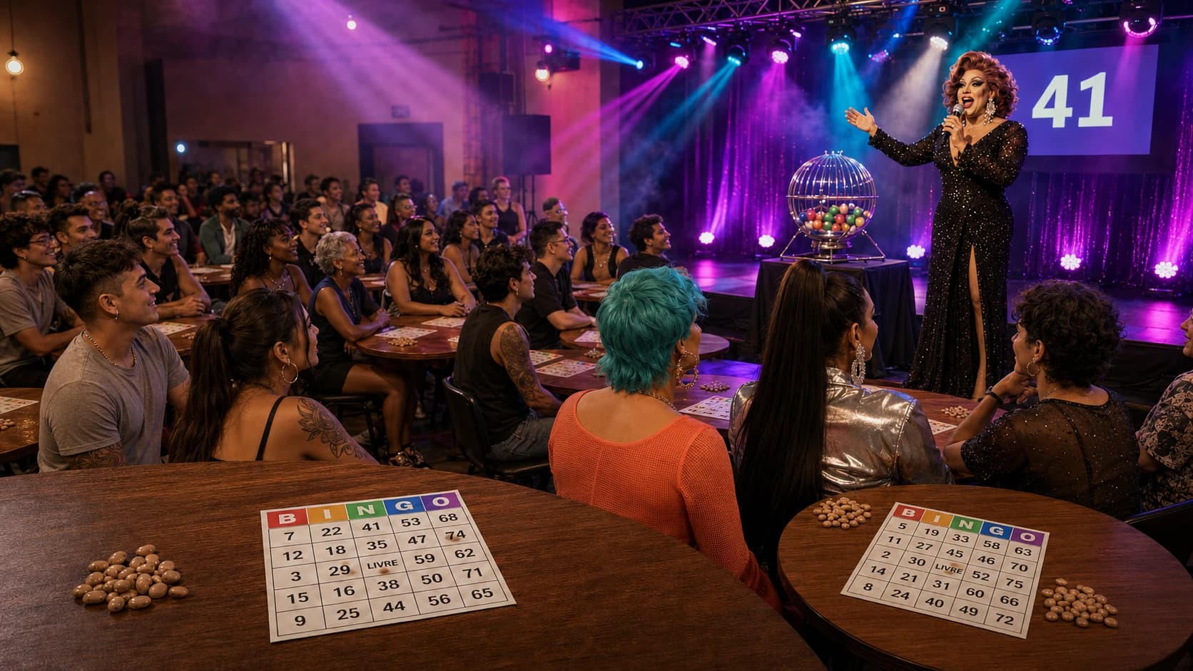 Noite de Drag Bingo num salão de porte médio: em primeiro plano, duas cartelas de papel com o cabeçalho colorido B-I-N-G-O e montinhos de feijão sobre mesas redondas de madeira; ao redor, uma plateia jovem e variada sentada de lado, acompanhando; ao fundo, no palco iluminado por feixes de luz roxa e azul, uma drag queen de vestido preto de paetê canta os números ao microfone, ao lado de um globo giratório de bingo, com o número 41 num telão