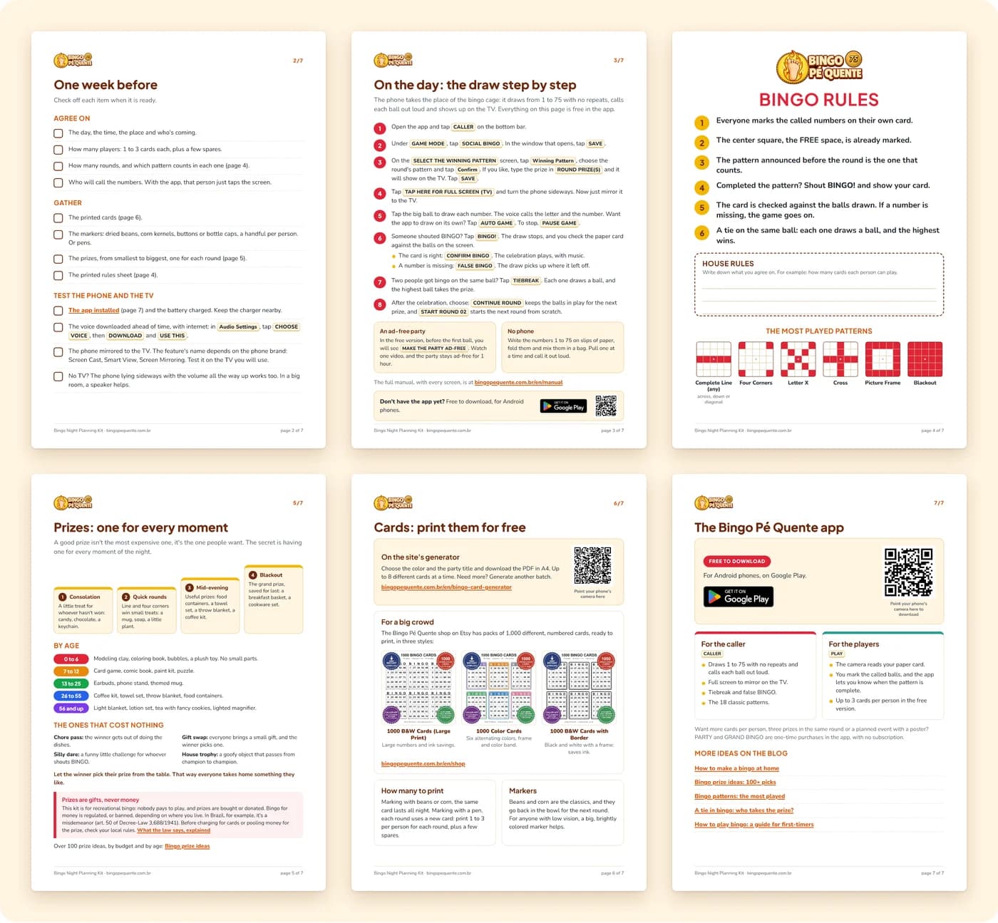Pages 2 to 7 of the kit: the checklist for the week before, the draw step by step in the app, the bingo rules for the wall, prizes by moment and by age, the cards and the app