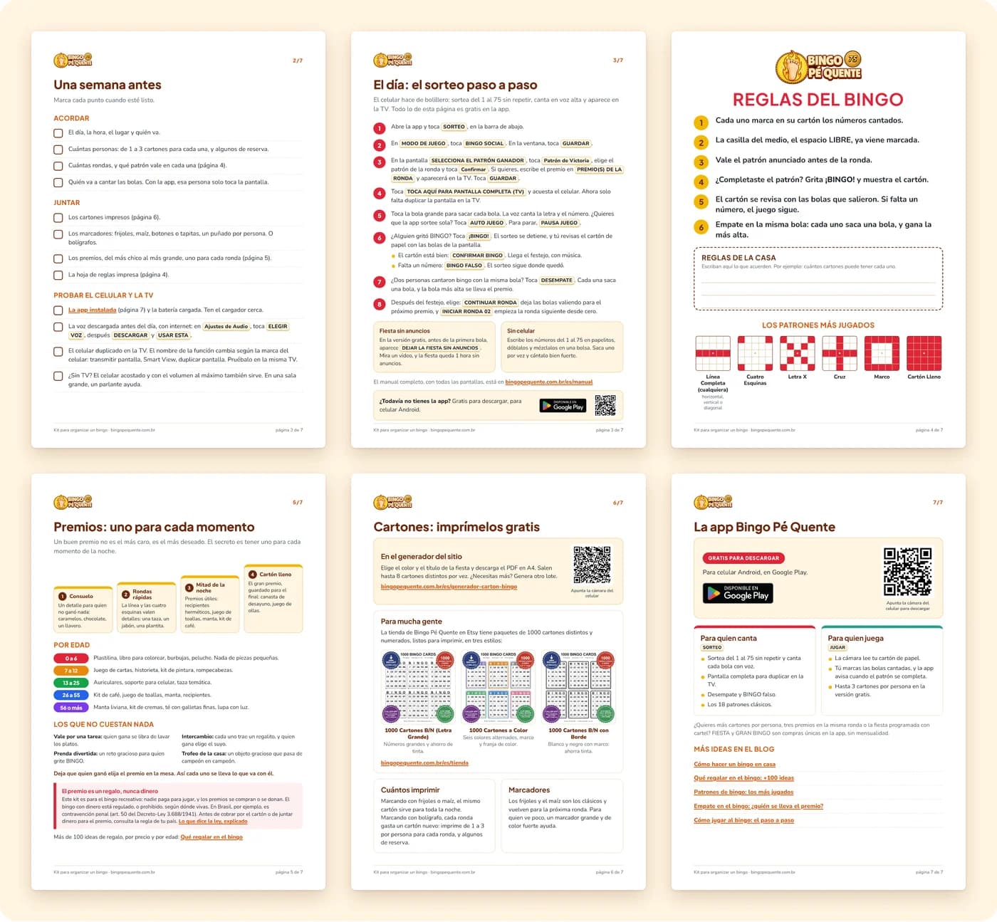 Las páginas 2 a 7 del kit: la lista de la semana anterior con cuadraditos, el sorteo paso a paso con la app, las reglas del bingo para la pared, los premios por momento y por edad, los cartones y la app