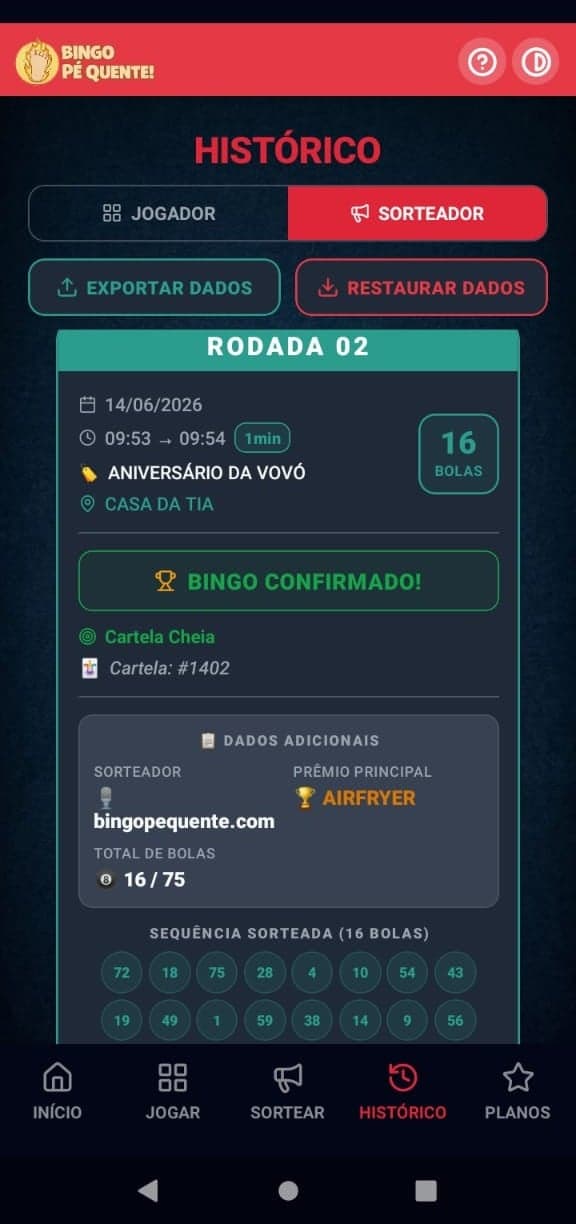 Histórico do Sorteador