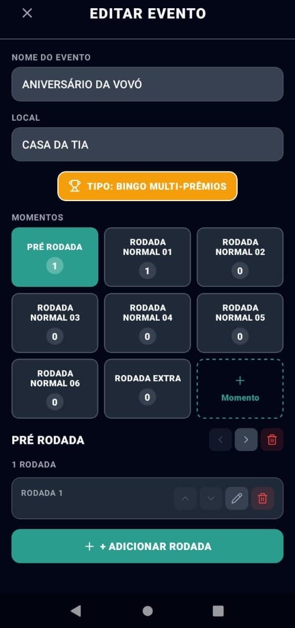 Tela de criação e edição de evento