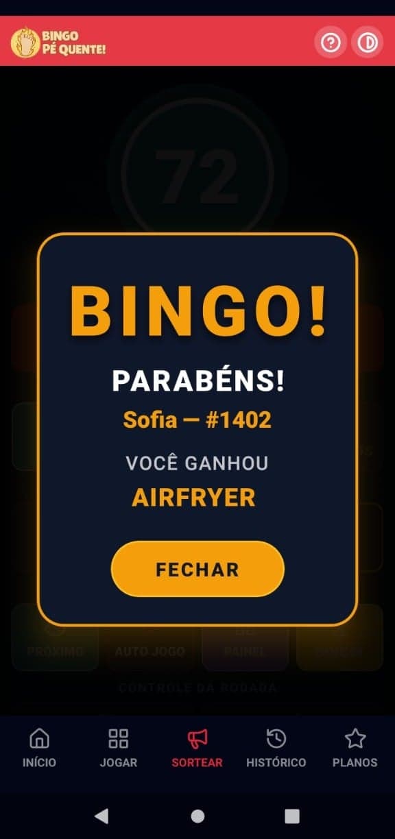 Tela de BINGO no sorteador
