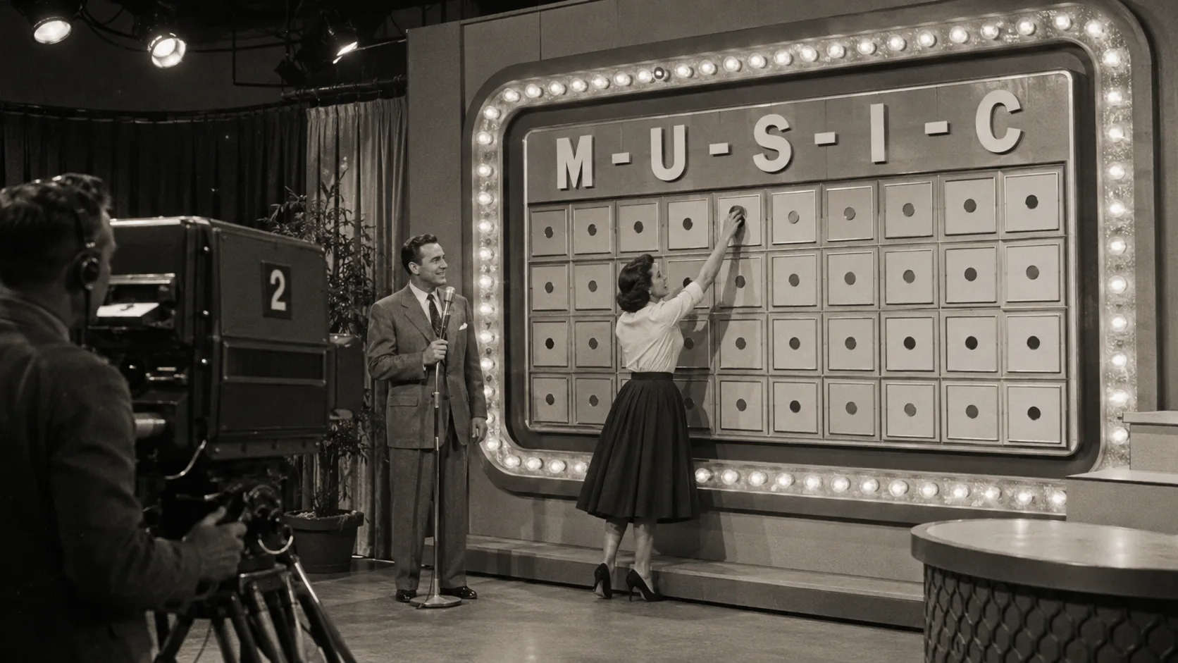 Recriação do programa de TV Music Bingo de 1958: um estúdio em preto e branco com um tabuleiro gigante iluminado exibindo as letras M-U-S-I-C no topo e uma grade de casas embaixo; um apresentador de terno com microfone e uma competidora esticando o braço para marcar uma casa, ao lado de uma câmera de TV antiga