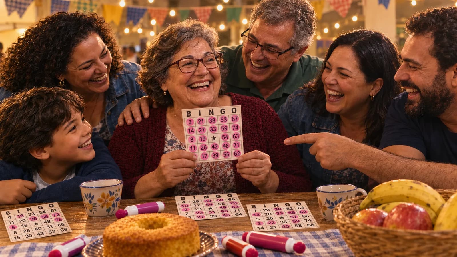 Numa festa junina, uma senhora sorridente — a 'pé quente' da mesa — ergue sua cartela de bingo vencedora, com o cabeçalho BINGO e as casas marcadas de dauber rosa; ao redor, filhos, genro e neto se inclinam rindo, um apontando para a cartela, enquanto sobre a mesa de madeira há mais cartelas, canetas dauber, um bolo e uma cesta de frutas, sob luzinhas e bandeirinhas.