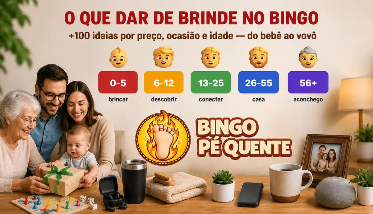 Capa do artigo 'O que dar de brinde no bingo': uma família de três gerações — vovó, casal e bebê com um presente embrulhado — ao lado do espectro de idades (0–5 a 56+), a logo do Bingo Pé Quente e uma mesa cheia de prêmios (caneca, planta, celular, toalha)