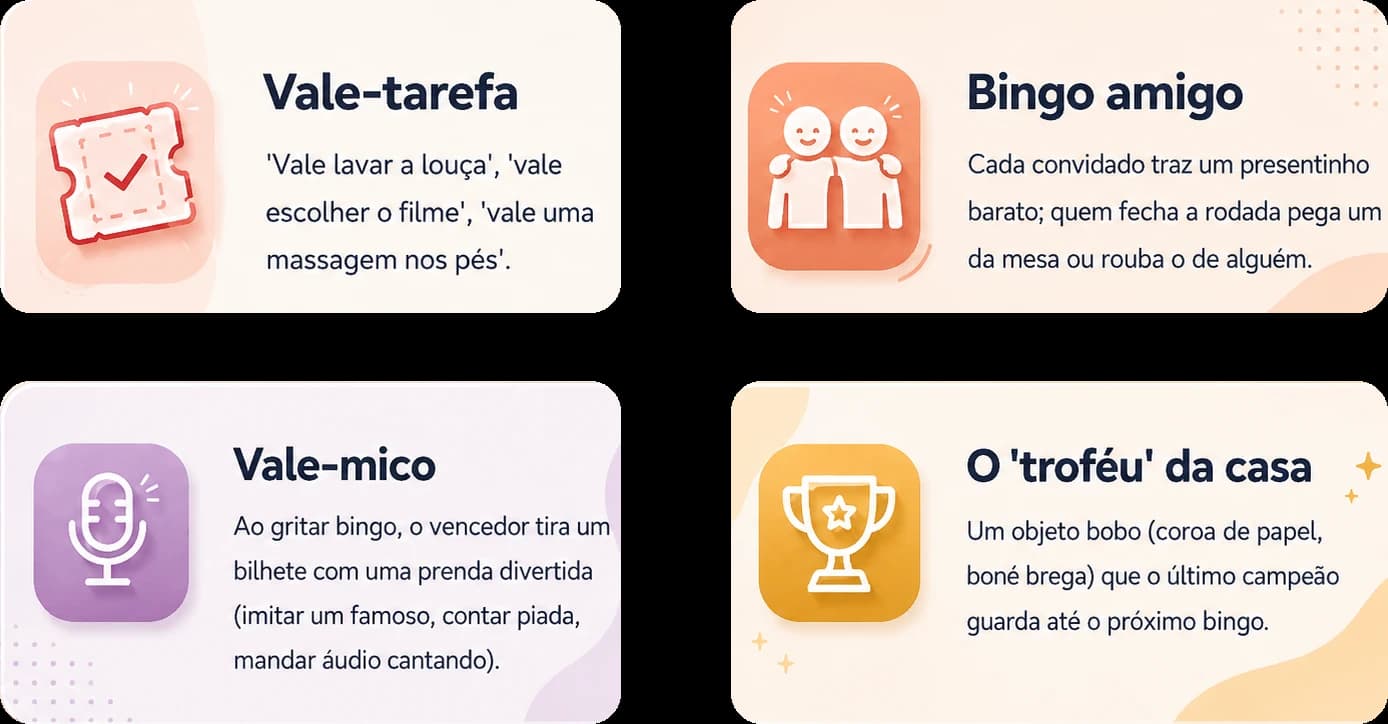 Quatro ideias de prêmios de bingo que não custam nada: vale-tarefa (uma prenda doméstica), bingo amigo (cada um traz um presentinho), vale-mico (uma prenda divertida ao gritar bingo) e o 'troféu' da casa (um objeto bobo que passa de campeão a campeão)